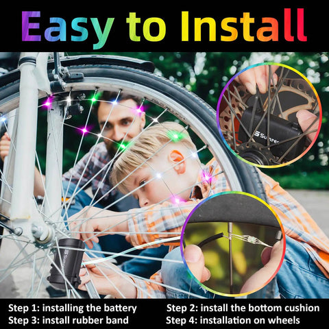 Two Tire Pack LED Bike Wheel Lights With Batteries Included installation process showing step-by-step guide and child participating.