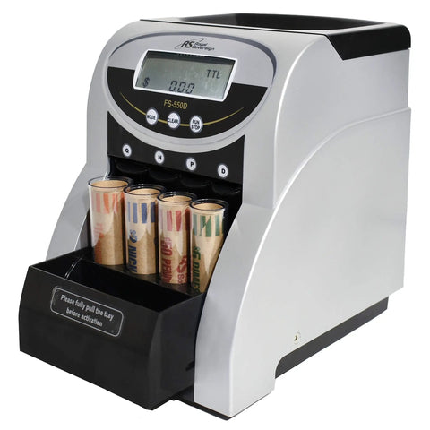 Heavy Duty One Row Electric Coin Counter Sorter With Patented Anti Jam Design And Clear Digital Panel for quick coin sorting.