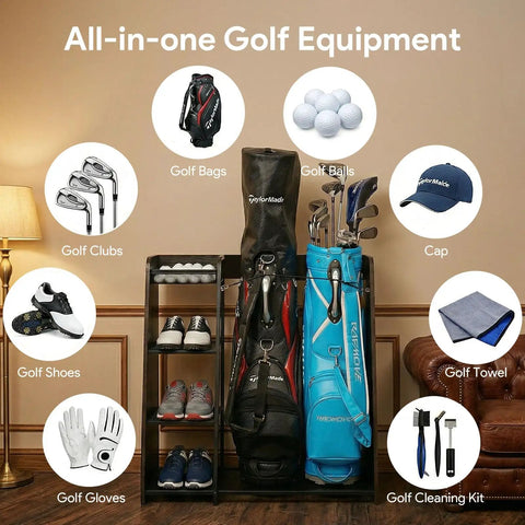 Golf Bag Storage Organizer For Garage Holds Two Golf Bags With Ball Storage Basket Keeps Golf Gear Neat Accessible For Practice