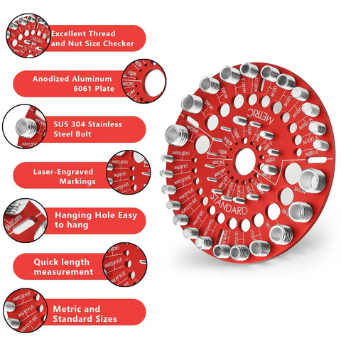 Nut And Bolt Thread Checker Gauge For Standard And Metric Bolts, Bolt Size Finder And Nut Identifier with hanging hole, red circle shaped gauge