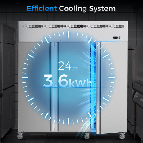 Heavy Duty Stainless Steel Three Door Commercial Freezer 54 Cubic Foot Reach In Upright Unit showing efficient cooling system display.