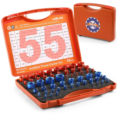 55 Piece Detachable Thread Checker Kit With 30 Standard And 25 Metric Gauges, Color Coded Orange And Blue, open case view