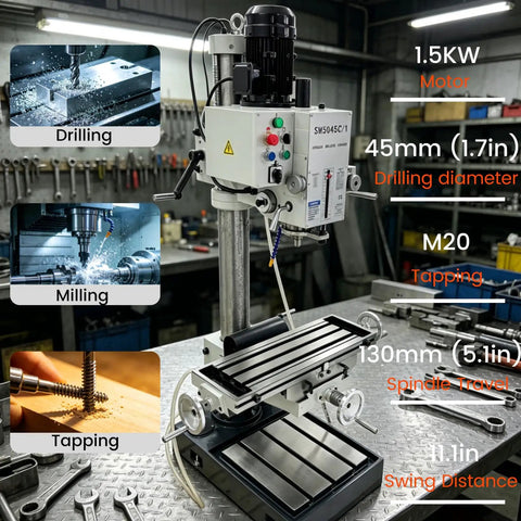 Gear Head Drill Press 220V 3 Phase 1.5KW Powerhouse For Drilling Milling And Tapping In One Setup 45mm Capacity machine in workshop