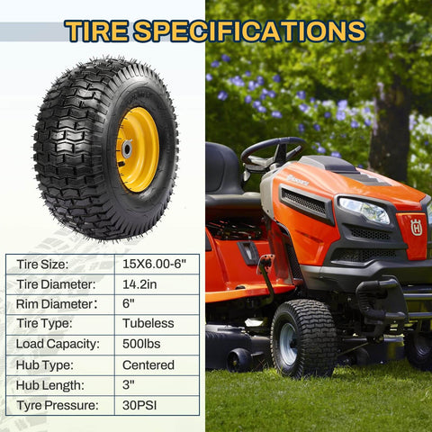 Two Pack 15x6-6 Tire And Wheel Assembly For Riding Lawn Mowers, front view with specifications, mounted on orange mower.