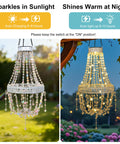 Outdoor Solar Crystal Pendant Lantern Chandelier, Waterproof Hanging Light With Warm White LED at day and night