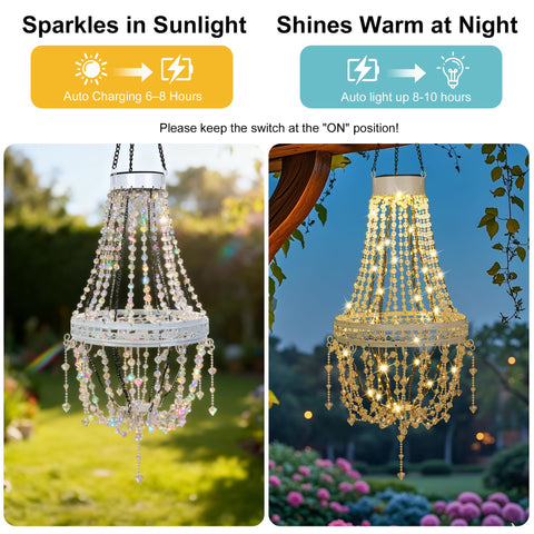 Outdoor Solar Crystal Pendant Lantern Chandelier, Waterproof Hanging Light With Warm White LED at day and night