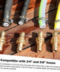 Garden Hose Repair Kit With Clamps For Three Quarter Or Five Eighth Brass Hoses Includes Two Male And Two Female Connectors Four Stainless Steel Hose Clamps Extra Gaskets Replacement Fittings Durable Brass Construction For Easy No Hassle Quick Fix with hoses displayed on wood surface