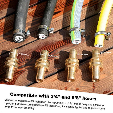 Garden Hose Repair Kit With Clamps For Three Quarter Or Five Eighth Brass Hoses Includes Two Male And Two Female Connectors Four Stainless Steel Hose Clamps Extra Gaskets Replacement Fittings Durable Brass Construction For Easy No Hassle Quick Fix with hoses displayed on wood surface