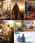 Collage of people using Pocket Size AM FM Radio With 1200mAh Battery for all day power in various outdoor settings