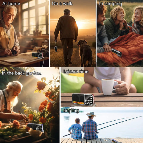Collage of people using Pocket Size AM FM Radio With 1200mAh Battery for all day power in various outdoor settings