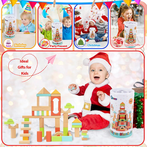 FCSONU wooden building blocks set for toddlers, 100 pieces with storage tub and lid, colorful stackable blocks.
