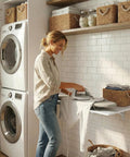 Woman using Fold Down Wall Mounted Workbench Table 25 Inch Long By 15.7 Inch Wide White Marble Floating Desk in laundry room