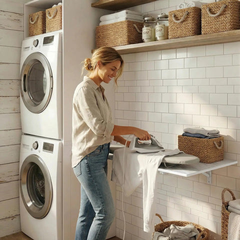 Woman using Fold Down Wall Mounted Workbench Table 25 Inch Long By 15.7 Inch Wide White Marble Floating Desk in laundry room
