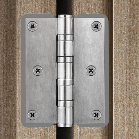 Door Hinge Shims 0.035 Inches, 15 Pack Laser Cut Stainless Steel Kit with brushed silver finish installed on a door hinge