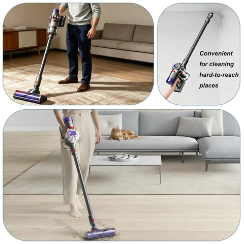 Long Reach Aluminum Extension Wand for Cordless Stick Vacuums with Quick Release 28.3 Inch Replacement in use on hardwood floor.