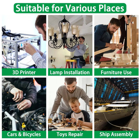 Image showing diverse uses for 860 Piece Metric Screw Set With M2 M3 M4 M5 Machine Screws, in 3D printer, lamp, furniture, cars, toys, and ship assembly.