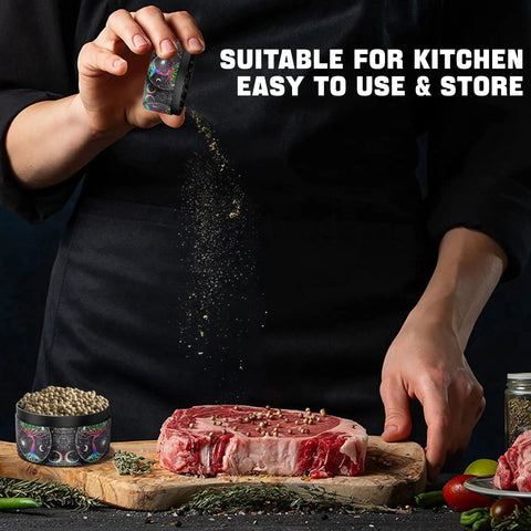 Person using Magnetic Manual Pepper Grinder With Diamond Sharp Teeth, No Screen Design For Easy Cleaning on steak in kitchen