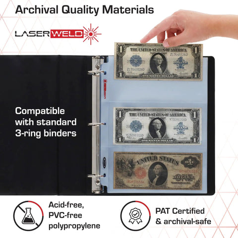 LaserWeld Four Pocket Currency Page For 100 Count keeps four bills labeled with label pocket acid free polypropylene in binder