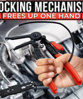 Hand-held radiator hose clamp pliers with red handles and locking mechanism for one-handed operation.