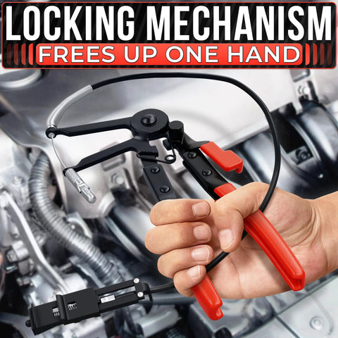 Hand-held radiator hose clamp pliers with red handles and locking mechanism for one-handed operation.