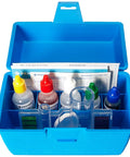 All In One Pool And Spa Water Test Kit Is A Badass Way To Keep Your Backyard Oasis Crisp Checks PH Chlorine Acid Demand And Total Alkalinity Includes Killer Reagent Trio Lucite Cup And No Fuss Guide in a blue carrying case with colorful reagents.