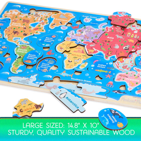 World Map Wooden Puzzle For Kids Ages 4 To 6: Learn Continents And Oceans with colorful pieces showing continents and oceans.