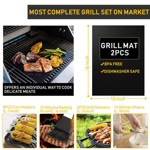 34Pcs Grill Accessories Set for Grilling Enthusiasts with 16 inch grill mat, corn holders, skewers, basting brush, and kitchen shears.