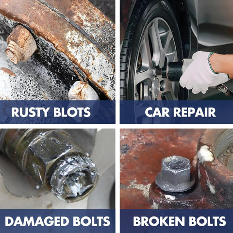 Image showing rusty, damaged, and broken bolts, demonstrating the need for a Six Piece Lug Nut Remover Socket Set Heavy Duty One Half Inch Drive.
