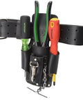 Leather Four Pocket Tool Pouch For Belt Holster with pliers, screwdrivers, and chain, made from durable black leather for easy access