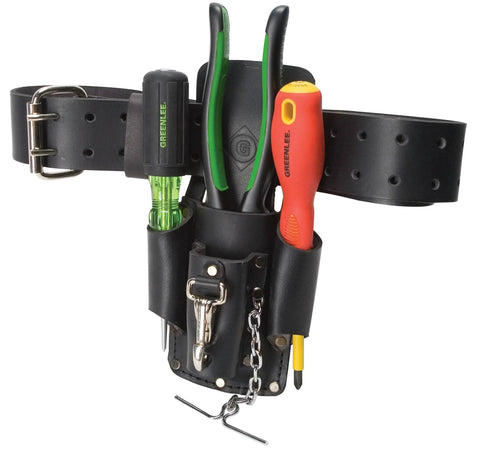 Leather Four Pocket Tool Pouch For Belt Holster with pliers, screwdrivers, and chain, made from durable black leather for easy access