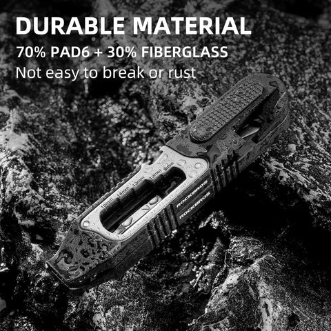 14 In 1 Bike Multitool Kit With Mini Ratchet Wrench, durable material showcase on wet rocks, 70% PAD6, 30% fiberglass