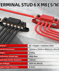 Image of Badass 400A Power Distribution Bus Bar with six M8 studs, red and black terminals for solar, marine, RV systems.