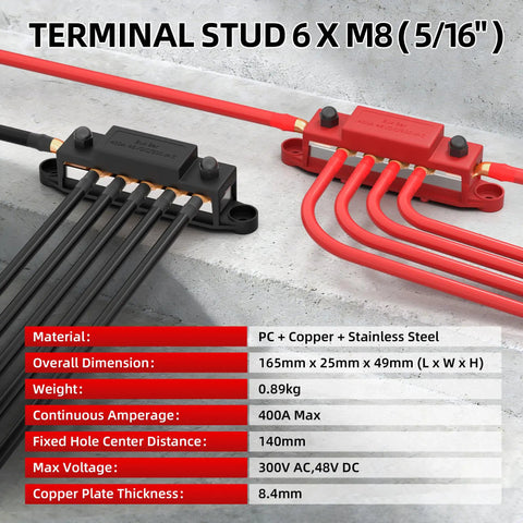 Image of Badass 400A Power Distribution Bus Bar with six M8 studs, red and black terminals for solar, marine, RV systems.