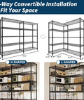 Beefy 5 Tier Metal Storage Shelves 71 Inch Wide Heavy Duty Garage Shelving Rack With 1325 Lbs Capacity, Industrial Grade Carbon Steel For Tools, Equipment, And Large Appliances, Easy Assembly, H- and L-shaped setup