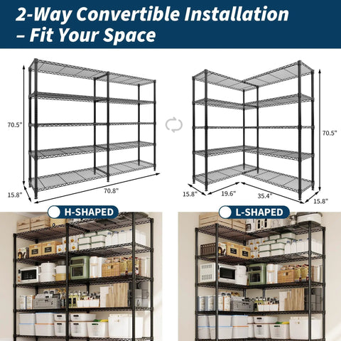 Beefy 5 Tier Metal Storage Shelves 71 Inch Wide Heavy Duty Garage Shelving Rack With 1325 Lbs Capacity, Industrial Grade Carbon Steel For Tools, Equipment, And Large Appliances, Easy Assembly, H- and L-shaped setup
