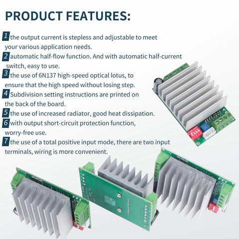 Image of TB6600 driver components with detailed feature list. Part of 4 Axis CNC Controller Kit With Nema23 Motors 270oz in 3A Dual Shaft 23HS8430B And TB6600 Driver Mach3 USB Motion Control Card CNC Board 24V Power Supply Built For Your Home Shop No Nonsense Plug And Play Setup.