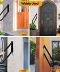Collage of black metal handrails installed on various steps for home, yard, hotel, and garden entries showcasing versatility.