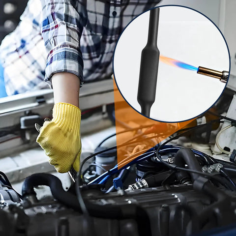 Mechanic using Underground Wire Splice Kit For Direct Burial Heavy Duty Cable Connector Set With Heat Shrink Tubing Fits 14 3 To 8 3 Range Waterproof Seal Pro Grade Vibe For Quick Durable Electrical Repairs, close-up of heat shrink application.