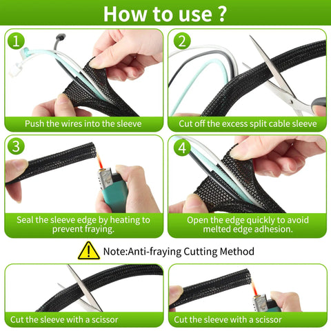 Instructions for using Split Wire Loom One Half Inch 50 Feet Braided Cable Sleeve For Cable Management And Pet Safe Protection
