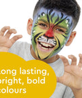 Top Shelf Fantasy Face Paint Palette Kit Featuring Skin Safe Cosmetics Grade Pigments With Smooth Metallic Sparkle Shades Includes Quick Dry Brush And Carry Case Killer For Halloween Festivals And Birthday Bash Body Art, boy with colorful tiger face paint smiling.