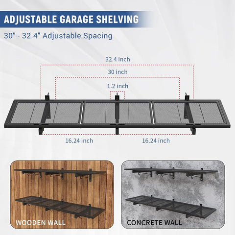 2 Pack Heavy Duty Garage Wall Shelves With 46 By Twelve Point Five Inch Floating Metal Shelves And Eight Hooks Wall Mounted Storage Rack Industrial Utility Organizer For Workshop Laundry Room Basement showing adjustable shelving on wooden and concrete walls