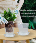Person holding plant over Clear 4 Inch Nursery Pots With Drainage And Saucers, 20 Pack Transparent Plant Pots For Seedlings And Starters