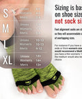Foot Alignment Socks With Toe Separators For Men And Women, green and black design, unisex sizing chart, shown worn on feet