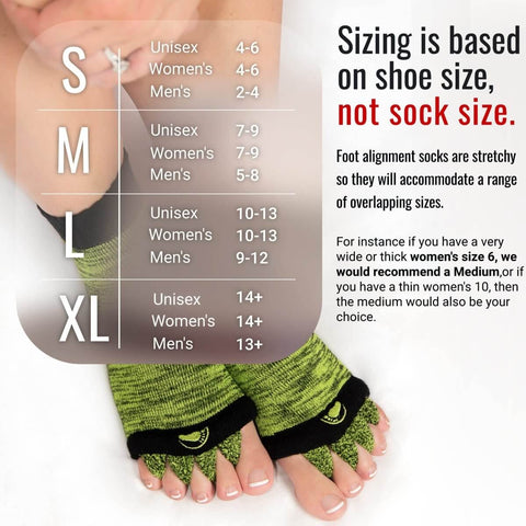 Foot Alignment Socks With Toe Separators For Men And Women, green and black design, unisex sizing chart, shown worn on feet