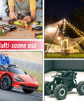 Multi-scene use of Two Pack Milwaukee 18V Battery Compatible Power Wheel Adapter Kit for RC cars, camping lights, and robotics.