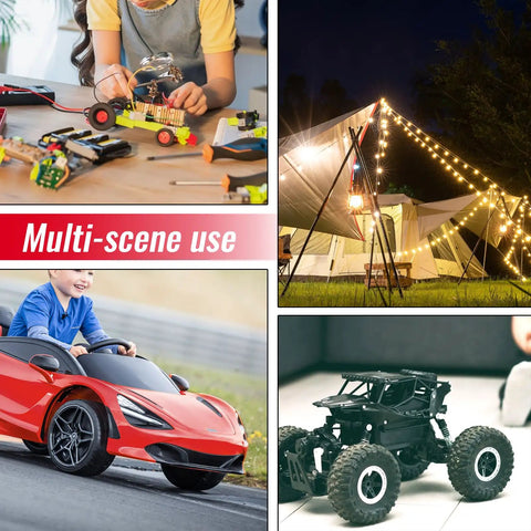Multi-scene use of Two Pack Milwaukee 18V Battery Compatible Power Wheel Adapter Kit for RC cars, camping lights, and robotics.