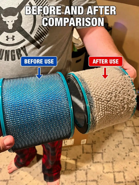 Before and after comparison of Heavy Hitter H13 HEPA Replacement Filter With Medical Coating showing cleaning effectiveness.
