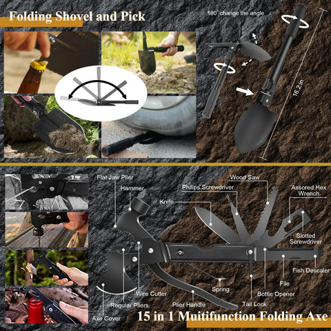 15-in-1 multifunction folding axe with shovel head and pick, black metal outdoor survival tool