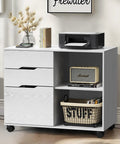 Lateral File Cabinet With Rolling Drawers, Three Drawer Under Desk Storage Printer Stand, Wood Organizer With Wheels, White