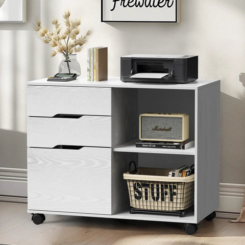 Lateral File Cabinet With Rolling Drawers, Three Drawer Under Desk Storage Printer Stand, Wood Organizer With Wheels, White